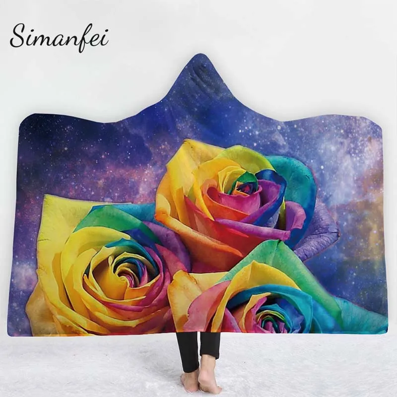 

Simanfei 2019 Colorful Roses Hooded Blanket for Woman 3D Printed Floral Sherpa Fleece Wearable Kids Throw Blanket Microfiber