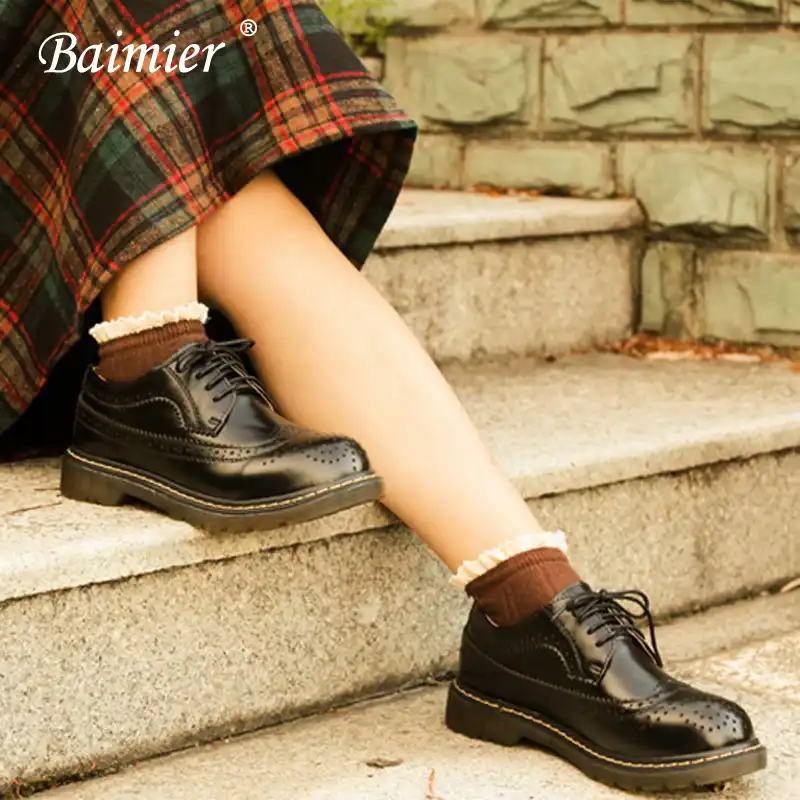 retro genuine leather plaid lace up shoes