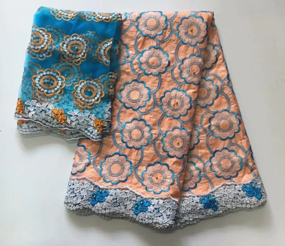 

New Arrival African Bazin Riche Fabric Embroidered French Bazin Riche Getzner Fabric And 2 Yards Mesh Net Lace Fabric Sets