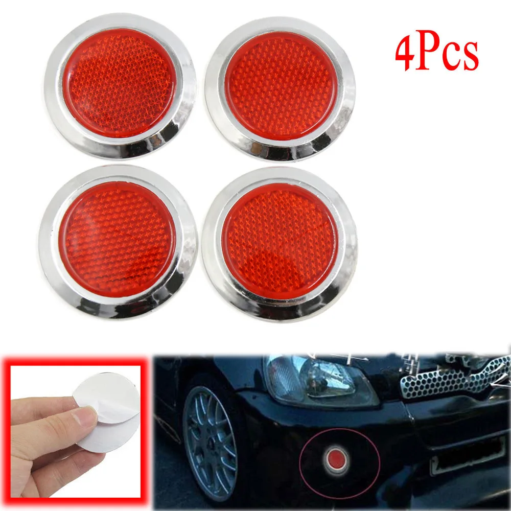 4pcs Plastic Red Chrome Plated Round Car Reflective Sticker Self