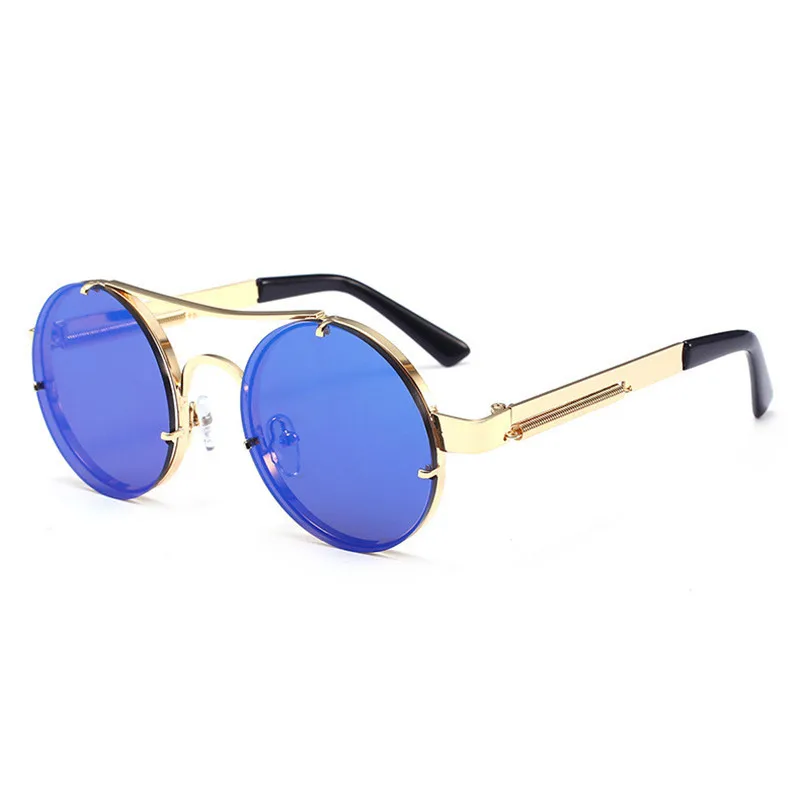 UVLAIK Vintage Steampunk Sunglasses Women Men Classic Metal Sun Glasses Ladies Round Style Steam Punk Sunglass UV400 Male Female - Цвет линз: Gold Blue