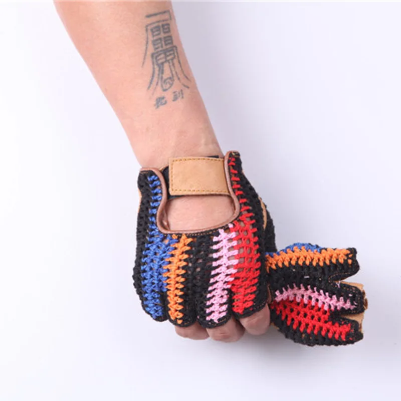 

New Summer Men Leather Gloves Cowhide Knit Half Finger Mesh Breathable Mitten For Male Fingerless Gym Fitness Driving Gloves