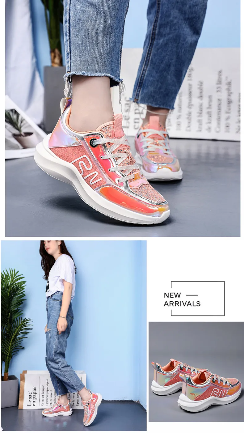 2019 Spring Sneakers Women Shiny Bling Lace-up Flats Shoes Women Basket Femme Trainers Shoes Chunky Sneakers creepers (7)