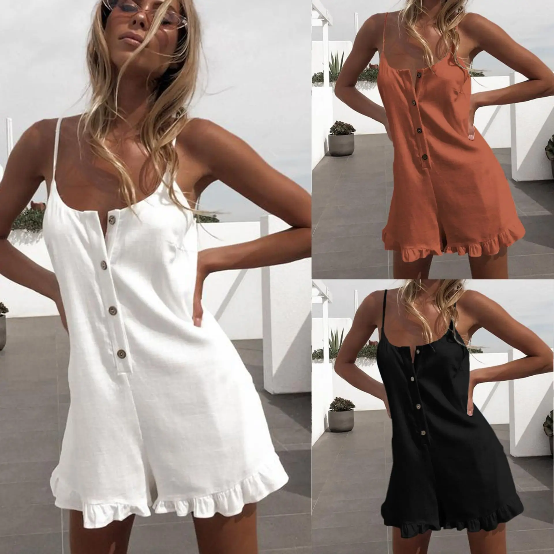 

2019 Women Romper Sexy Playsuit Sexy Sleeveless Button Ruffled Off Shoulder Halter Women Playsuit Summer Clothing Streetwear