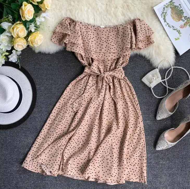 

Summer 2019 Women Off Shoulder Print Dress Ruffles Chiffon Polka Dots Floral Dress With Belt Summer Holiday Beach Dresses