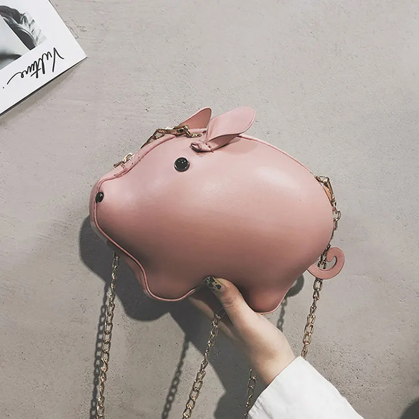 Women Pig Chain Shoulder Messenger Bag Funny Cute Crossbody Bag Female Leather Party Evening Bag Pure Color