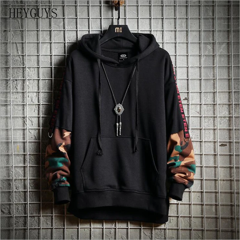 

HEYGUYS Men Camouflage Hooded Hoodies Sweatshirts 2018 Mens Patchwork Hiphop Pullover Male Japanese Fashions Windbreaker
