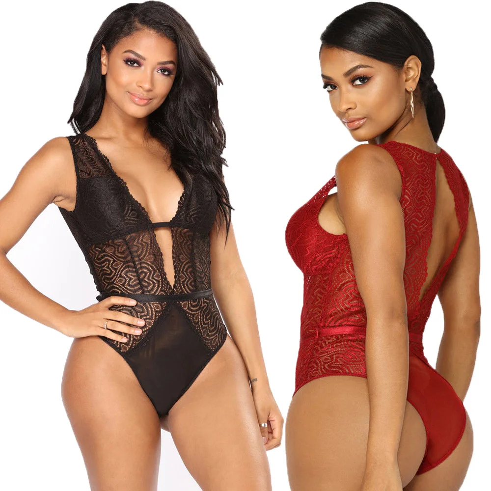 red lace bodysuit Sexy Women's Lingerie Lace Sleepwear Bodysuit Playsuit Party Romper Bodysuits Basic Top nude bodysuit