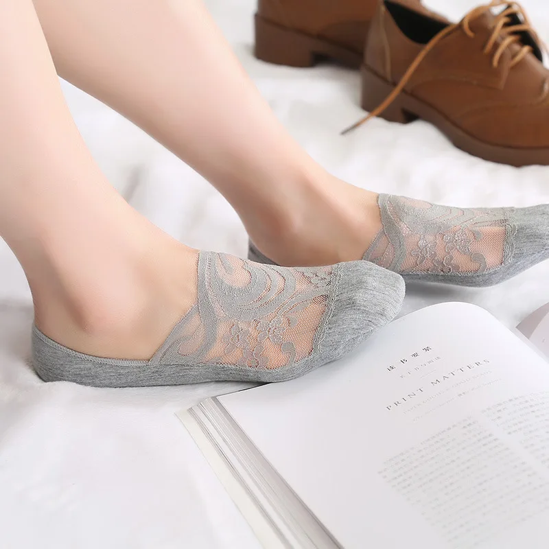 1 пара новых модных прозрачных коротких кружевных носков женские летние открытые носки-башмачки женские мягкие низкие невидимые носки - Цвет: Pattern 1 Gray