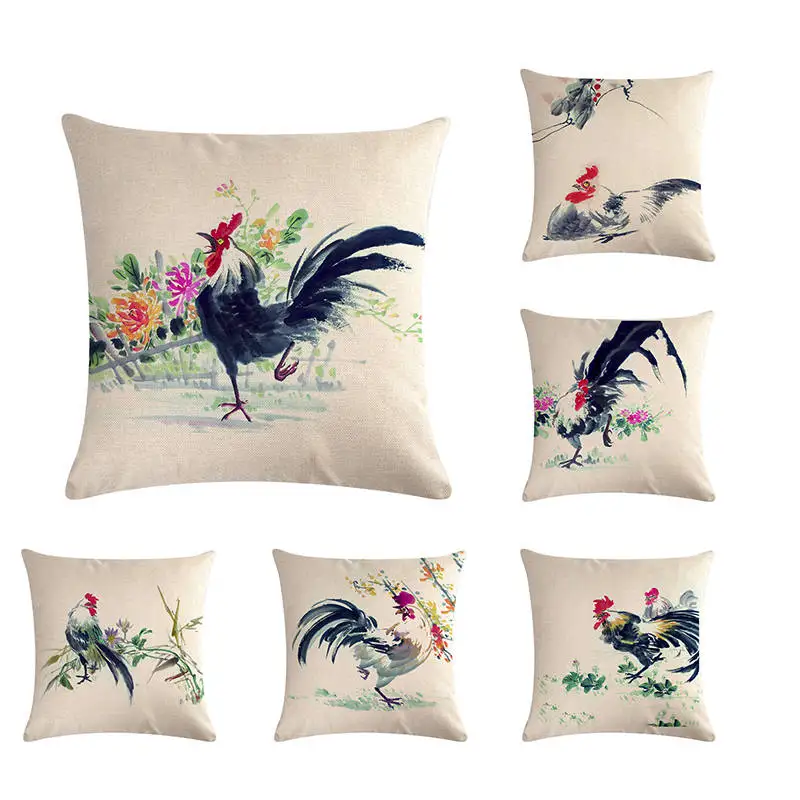 Best Chinese Ink Painting Rooster Cock Cushion Cover Retro Vintage Home Cafe Decorative Cotton Linen Pillow Case For Sofa Couch ZY384