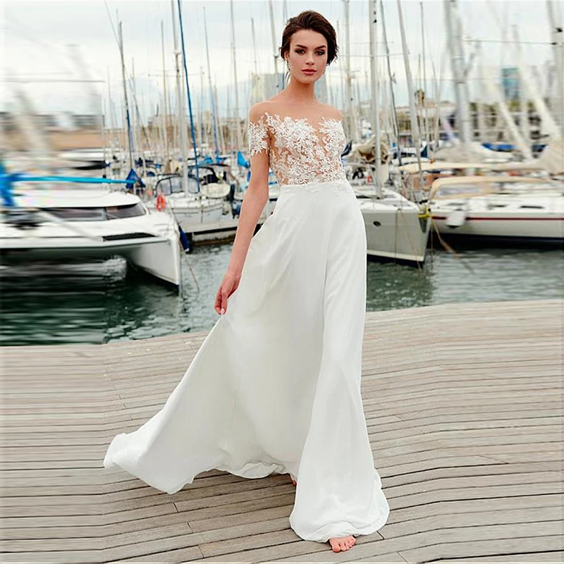 

Verngo Chiffon Beach Wedding Dress Boho Bride Dress Lace Appliques Wedding Gown Short Sleeve Vestidos De Novia 2019