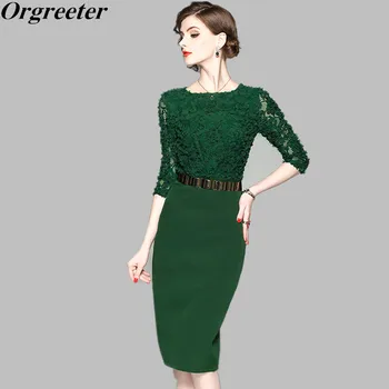 

Brief Clothing Autumn Women Green Black Elegant Dress Female 3D Flower Embroidrey Back zipper Office Work Pencil Dress With Belt
