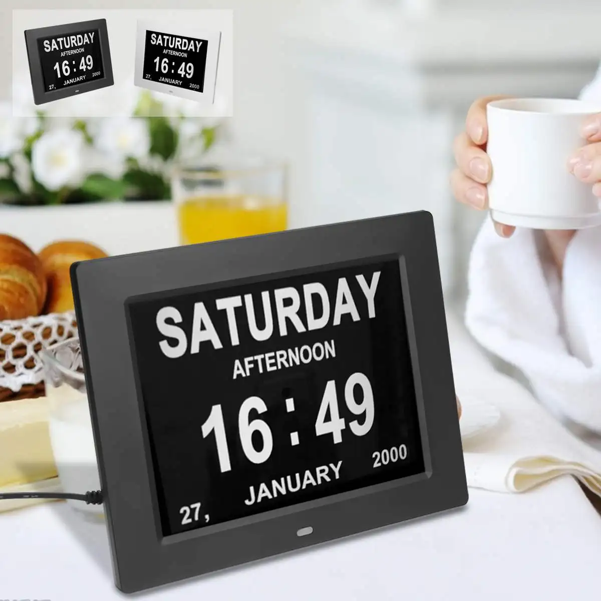 

Cymii Black/White 8 Inch LED LCD Dementia Table Digital Alarm Clock Photo Frame Calendar Day Clock Date/Week/Month/Year Gifts