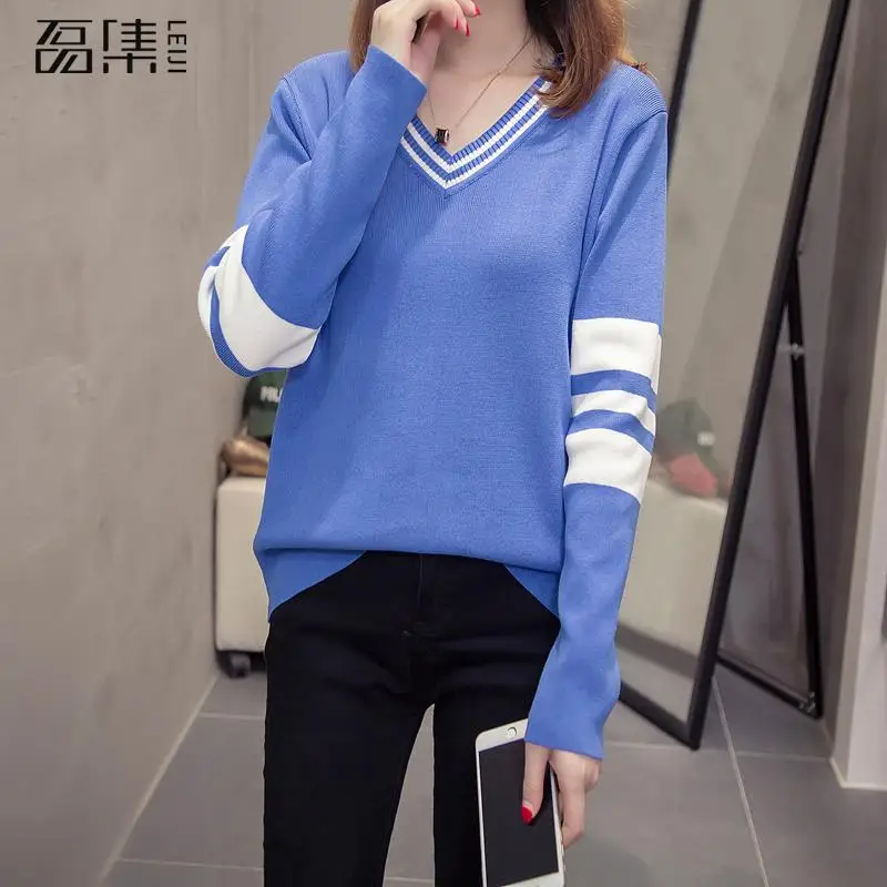 

2019 Autumn Women Lady Sweater Plus Size Pure Long Sleeve Stripes V-collar Sweater Women Loose Knitted Pullovers
