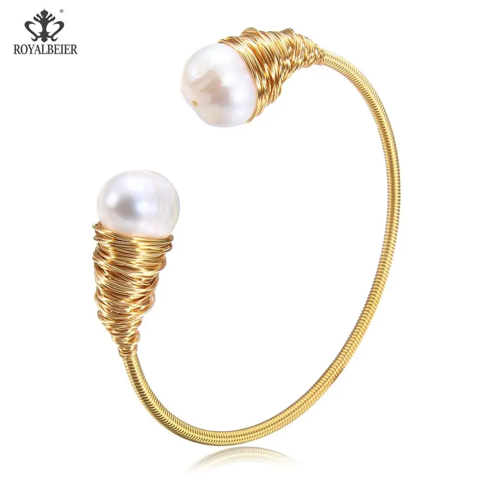 

RoyalBeier Hand Wrapped Copper Wire Bracelet Genuine Natural Freshwater Pearl Bracelet Irregular Big Head Pearl Jewelry