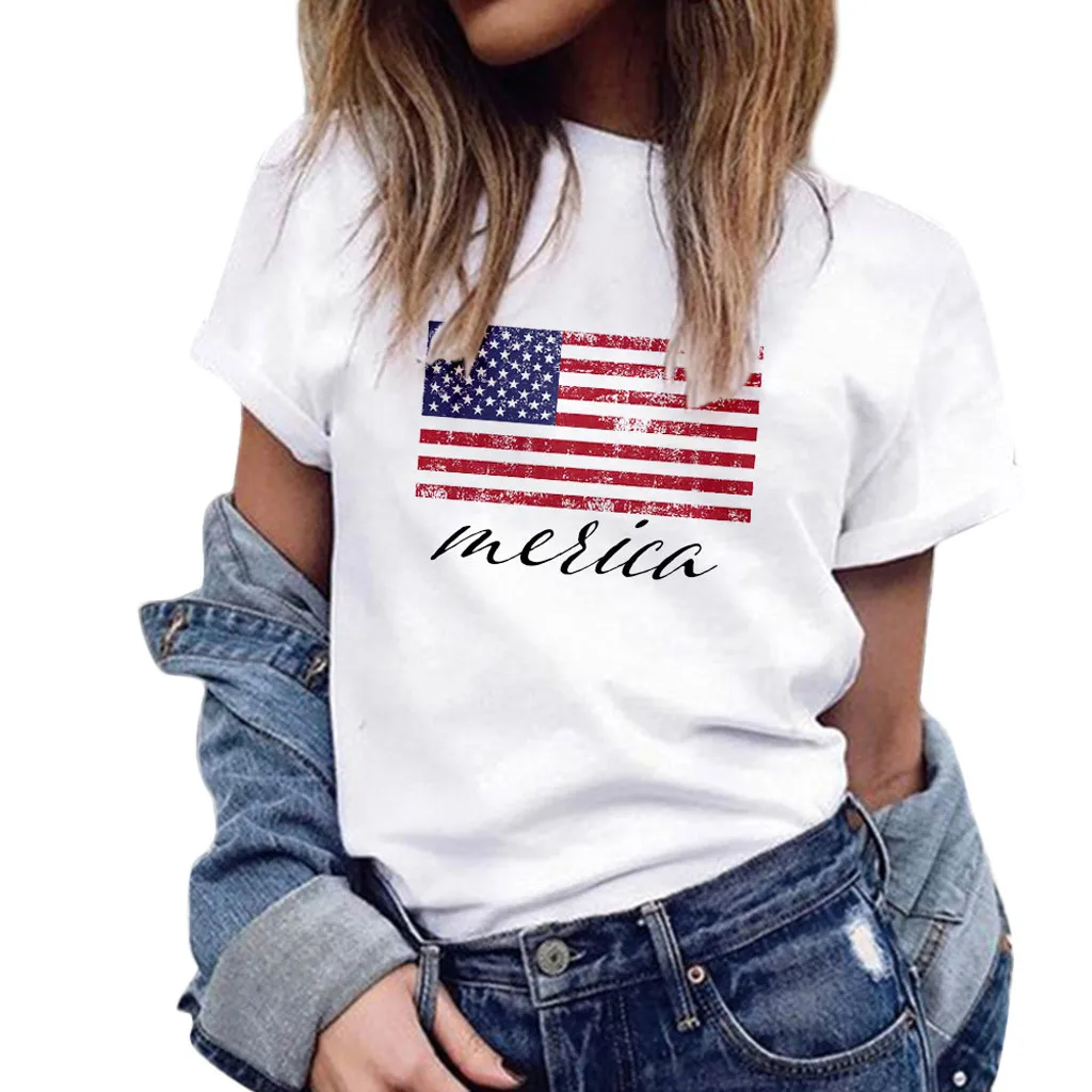 

Summer USA Flag Loose T-Shirt Fashion Women's Casual Loose American Flag Short-Sleeved Printed T-shirt Top Femme #580