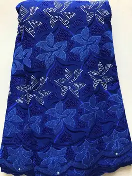 

5Yards Hot sale royal blue flower design african cotton fabric and rhinestone swiss voile lace embroidery for dress LC10-4