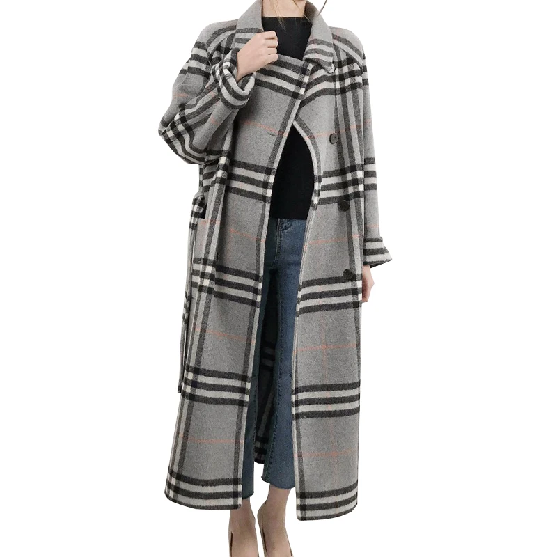 

Winter Gray Khaki Plaid Real Sheep Wool Fleece Coat Womens Oversize Loose Long Ladies Woolen Outerwear Overcoat Woollen Coats