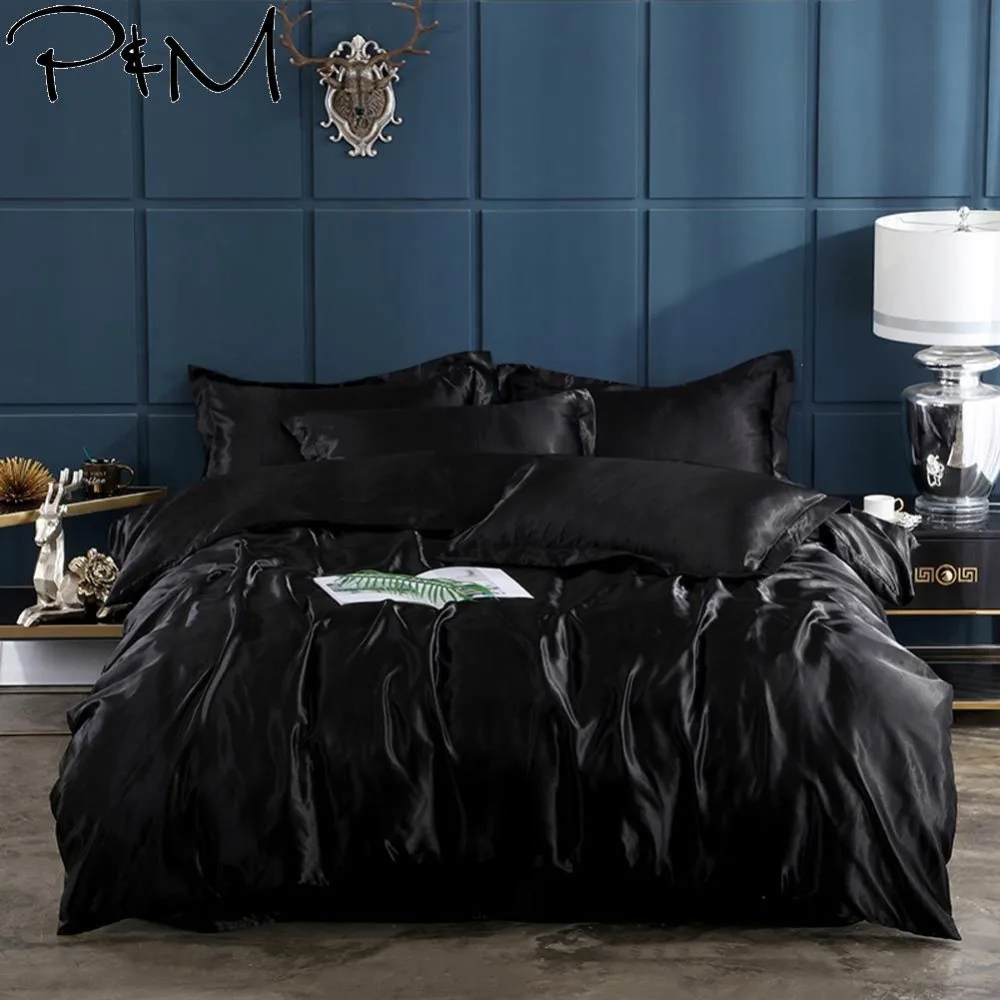 

2019 PAPA&MIMA Sexy Black Simple Bedlinens Satin Silk Feeling Microfiber Bedding Set 3/4pcs Twin Queen King Duvet Cover Set