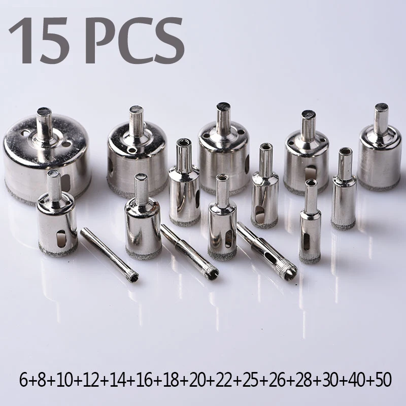 15PCS/SET Diamond Hole Saw Drill Bit Tool 6-50mm Ceramic Porcelain Glass Marble 6/8/10/12/14/16/18/20/22/25/26/28/30/40/50mm