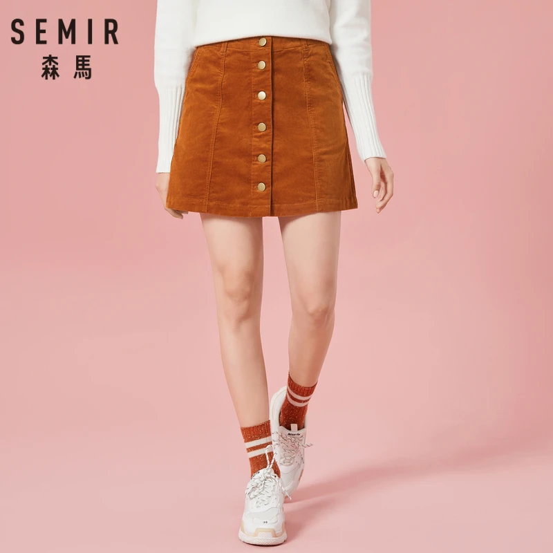 SEMIR женская короткая Вельветовая юбка с высокой талией, Вельветовая юбка А-силуэта с застежкой на пуговицах спереди в шикарном стиле для осени и зимы