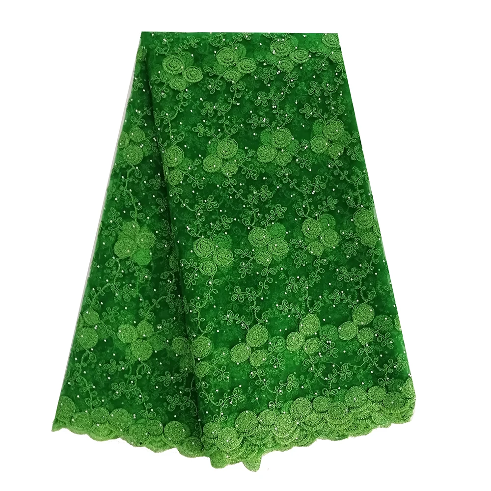 

5 Yards Green Lace Fabric with Stones African Lace Embroidery Fabric High Quality Nigerian Tulle Net Lace Cord Fabric for Party