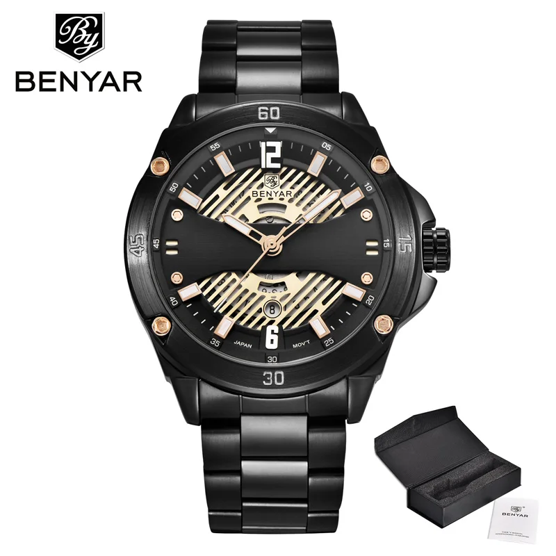 Black Gold Наручные часы мужские BENYAR мужские часы лучший бренд класса люкс кварцевые Хронограф военные водонепроницаемые спортивные часы Relojes Hombre - Цвет: Black Gold