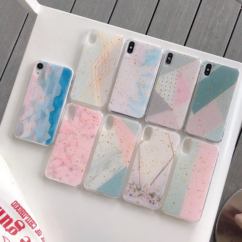 

Rhombus Triangle Marble Case For iPhone 7 6 6S 8 Plus XS Max XR X XS Soft TPU Glitter Cover Bling Bling Spliced Candy Color Case