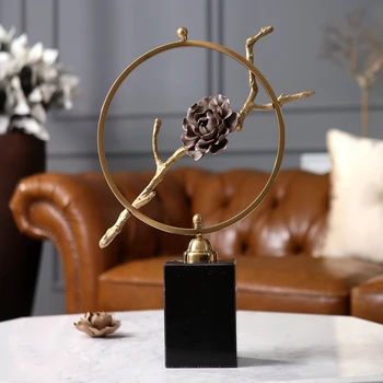 

Chinese Creative Ceramic Flower Statue Home Decoration Crafts Room Decoration Objects Black Marble Base Vintage Copper Figurine