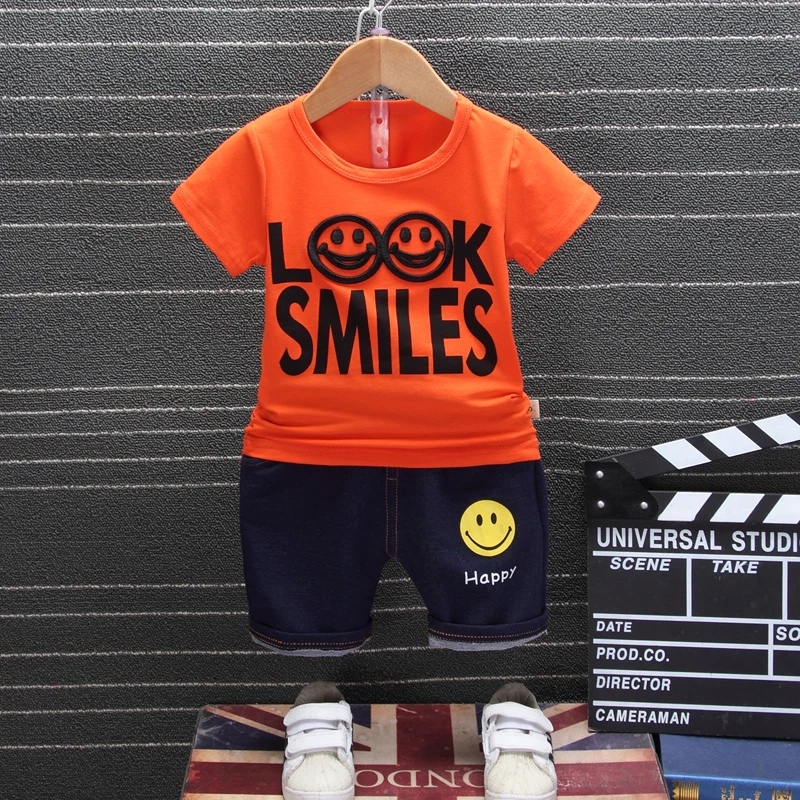Новая летняя одежда для маленьких мальчиков для новорожденных, детская одежда с героями мультфильмов, Детская Хлопковая футболка с изображением смайлика и шорты 2 шт./компл. модные костюмы - Цвет: XH xiaolian Orange