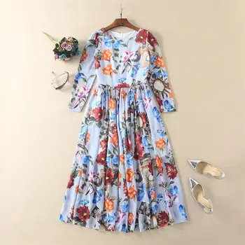 

Women Summer Dress 2018 High Quality Runway O-neck Long Sleeve Floral Printed Casual Beach Dress DX0669