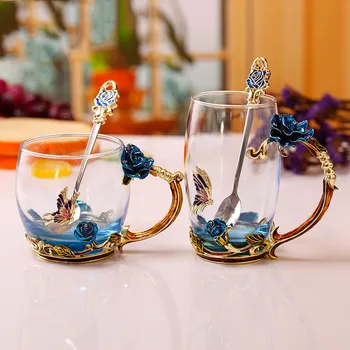 

Enamel Coffee Tea Cup Mug 3D Rose Butterfly Glass Cups Wedding Gift HG99