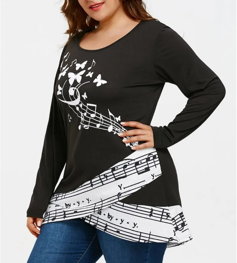 

L-5XL Plus size Autumn Women Tops Casual Long Sleeve Printing T-Shirt Long Tops O Neck Female 4XL Large Size Black Loose T-Shirt