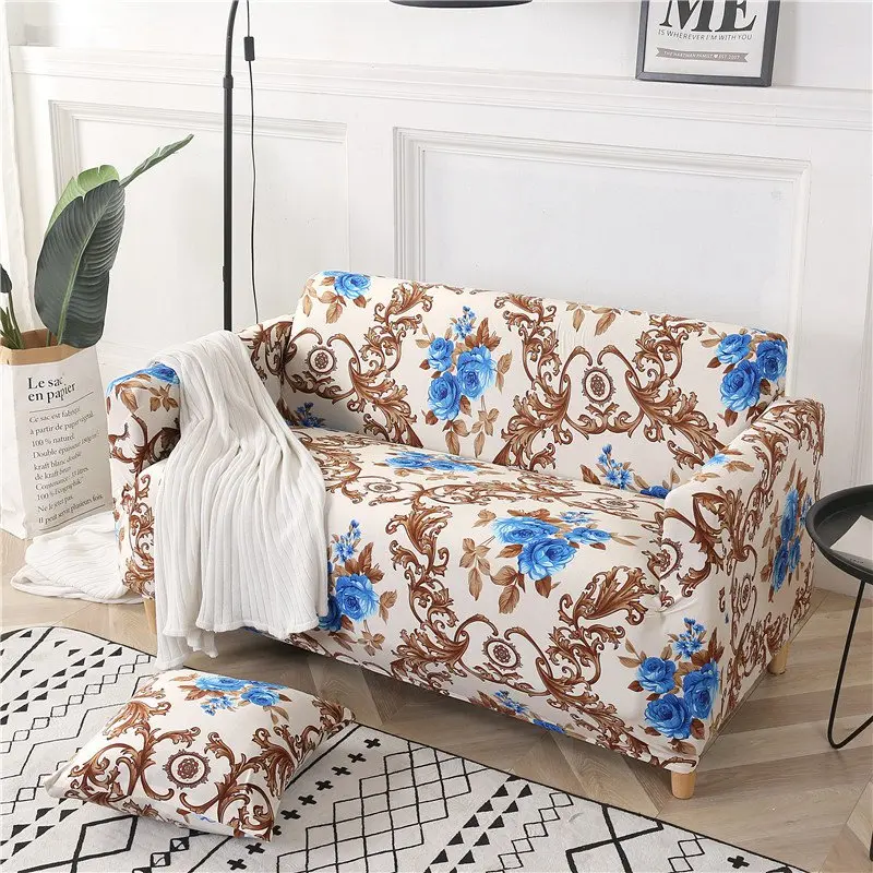 Эластичный чехол для дивана с цветочным принтом чехол плотная накидка все включено угловой диван-чехол стрейч мебель чехлы 1/2/3/4 местный - Цвет: Blue Rose
