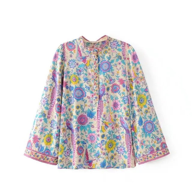 

V-Neck Buttoned Front Long Sleeve Lovebird Blouse Women Floral Print Spring Summer Shirts Boho Hippie Beach Top Blusa