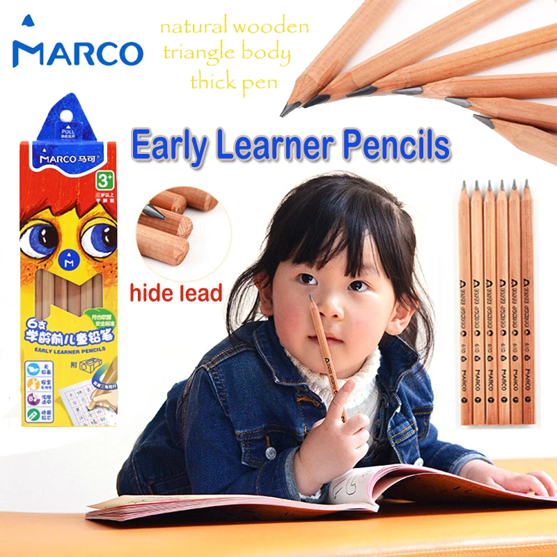 

marco early learner pencils natural wooden break-resistant B black standard pencil set for kid thick triangle pen with sharpener