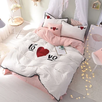 

4Pieces red Heart embroidery washed Cotton Luxury Bedding Set King Size Queen Bed Set Duvet Cover Bed Sheet Pillowcase for girl