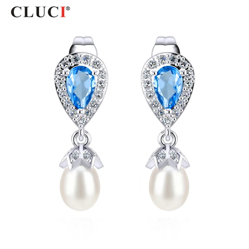 

CLUCI Luxury Drop Pearl Earrings for Women Blue Zircon Anniversary Earrings Jewelry 925 Sterling Silver Natural Pearl Earrings