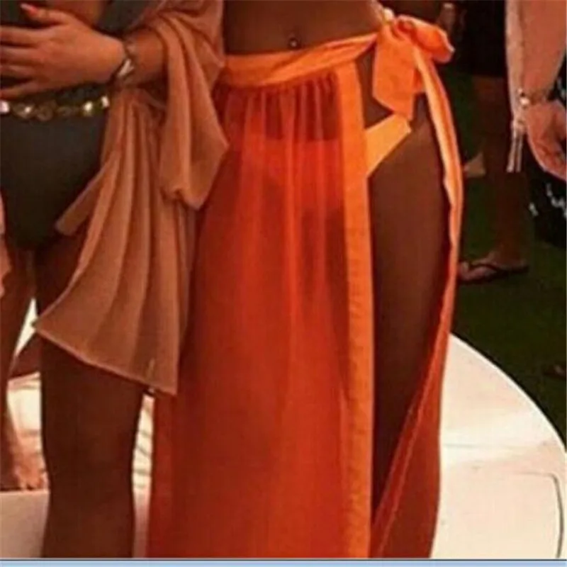 Женская шифоновая длинная юбка, новая сексуальная однотонная Прозрачная Юбка, летняя женская прозрачная пляжная юбка