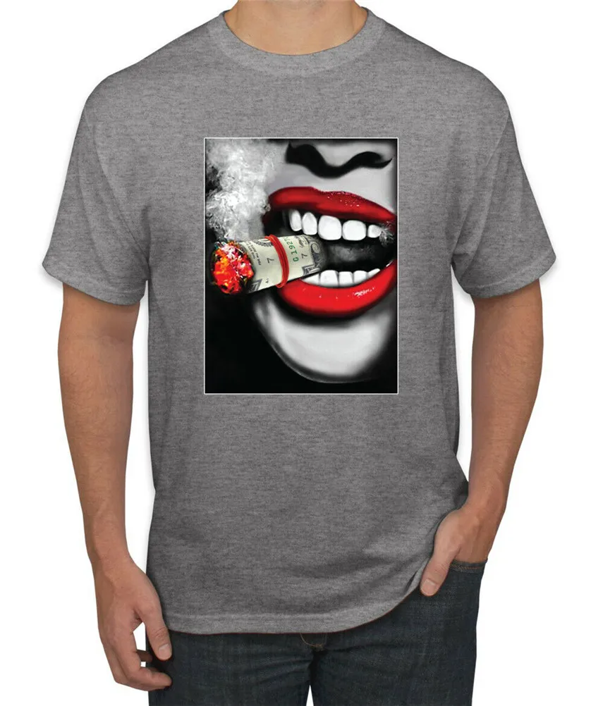 

Girl Smoking Cuban Money Cigar Sexy Smoke Lips Pop Culture Mens T-Shirt Full-figured Tee Shirt
