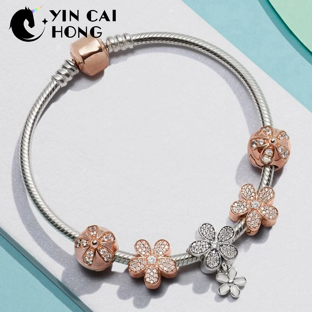 

YCH 100% 925 Sterling Silver 1:1 Dazzling Daisy Rose Gold Beaded Elegant Flower Bracelet Gift Fashion Set Free Shipping