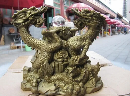 

shitou 002358 Chinese Refined Red Bronze Copper Fengshui Two Dragon Play glass Bead statue discount 30% (C0324)