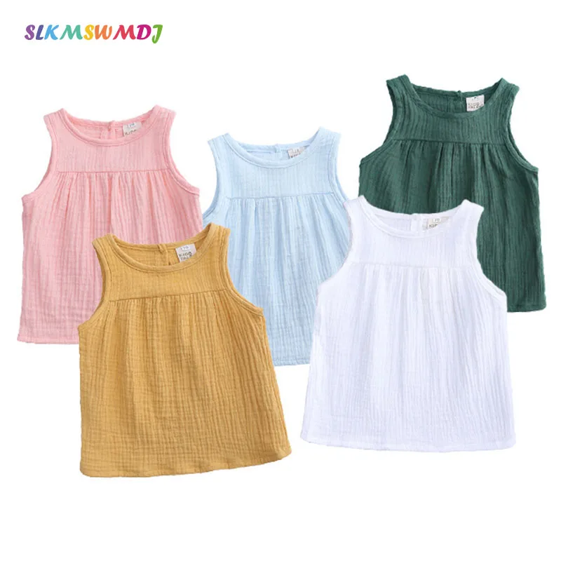 

SLKMSWMDJ 2019 Summer Casual Children's Wear Girls Round Neck Doll Shirt Solid Color Cotton Infant Vest Clothing Sleeveless Top