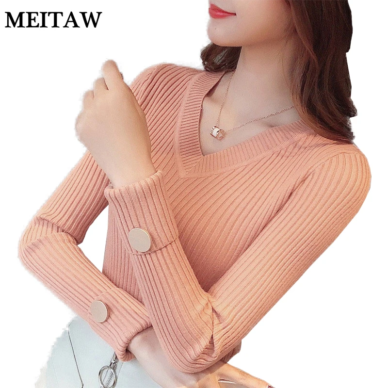 Vintage Women Knitted Sweaters Lady Slim Tops 2019 Casual Long Sleeve V-Neck Soft Sweater Korean Female Highly Elastic Jumper | Женская