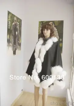 

Free shipping, factory price spring autumn cashmere cape with real twisted fox fur trim shawl length 90cm