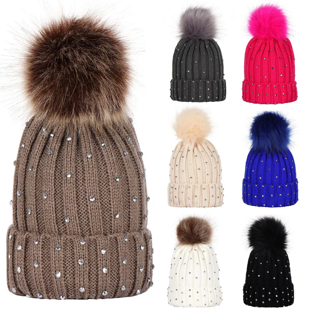 

Children Baby Hats Rhinestone Keep Warm Winter Fur Ball Beanies Caps High Quality Knitted Wool Hemming Hat Girls Boys Cap 30