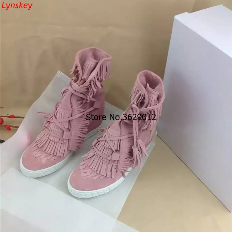 

Pink Fringed Ankle Boots Women Spring Autumn Flat Platform Boots Shoes Woman height increased Booties