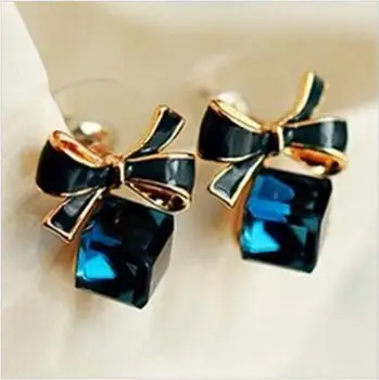 ne424 2016 New jewelry Shimmer Chic fashion Gold Bowknot Cube Crystal Earring Rose Gold Square bow Stud Earrings for Women