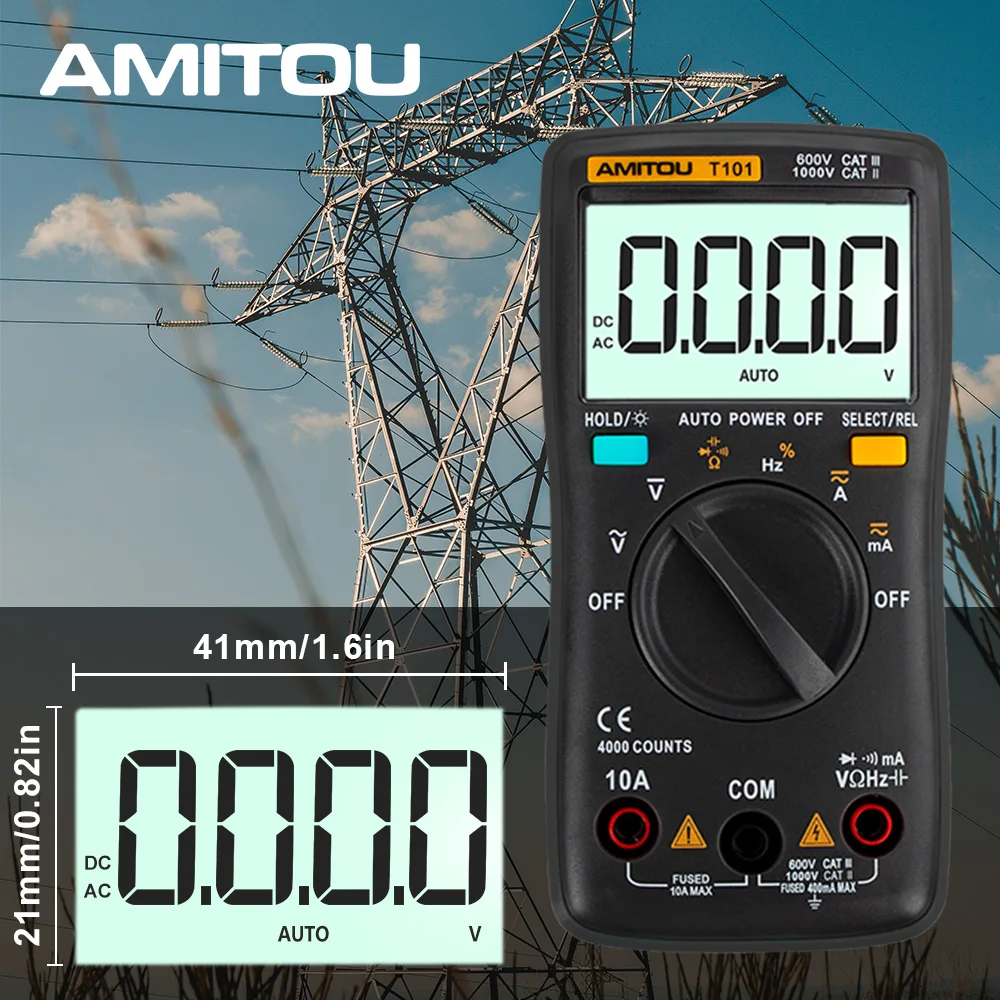 AMITOU T101 черный цифровой мультиметр Подсветка AC/DC Напряжение Ток Сопротивление