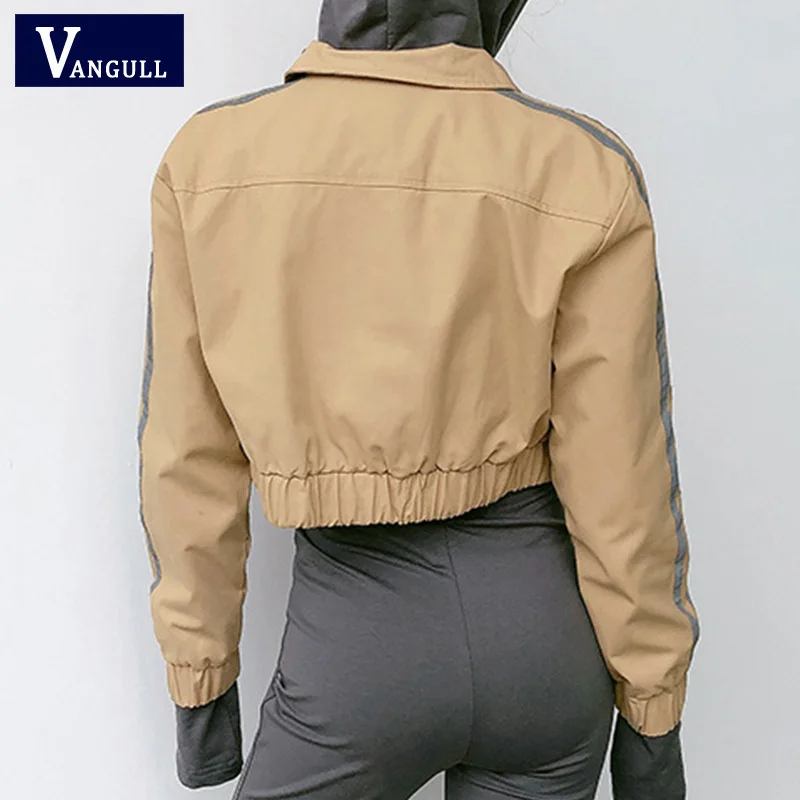 Vangull جديد قميص المحاصيل منفذها سترة النساء التصحيح طويلة الأكمام الخريف سترة الإناث جيب سستة الشارع الشهير معاطف وسترات